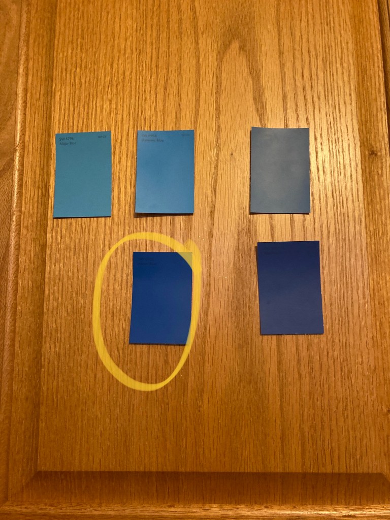 A picture of five blue paint chips on a wood surface. One paint chip is circled.